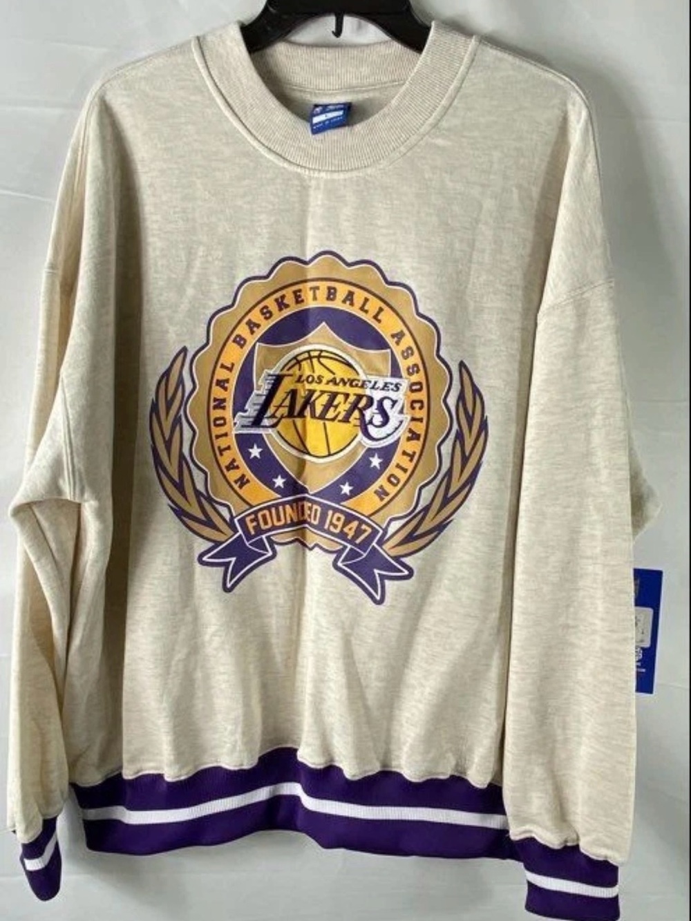 Men’s LA Lakers Cream and Purple Logo Crewneck Sweater NWT size Large